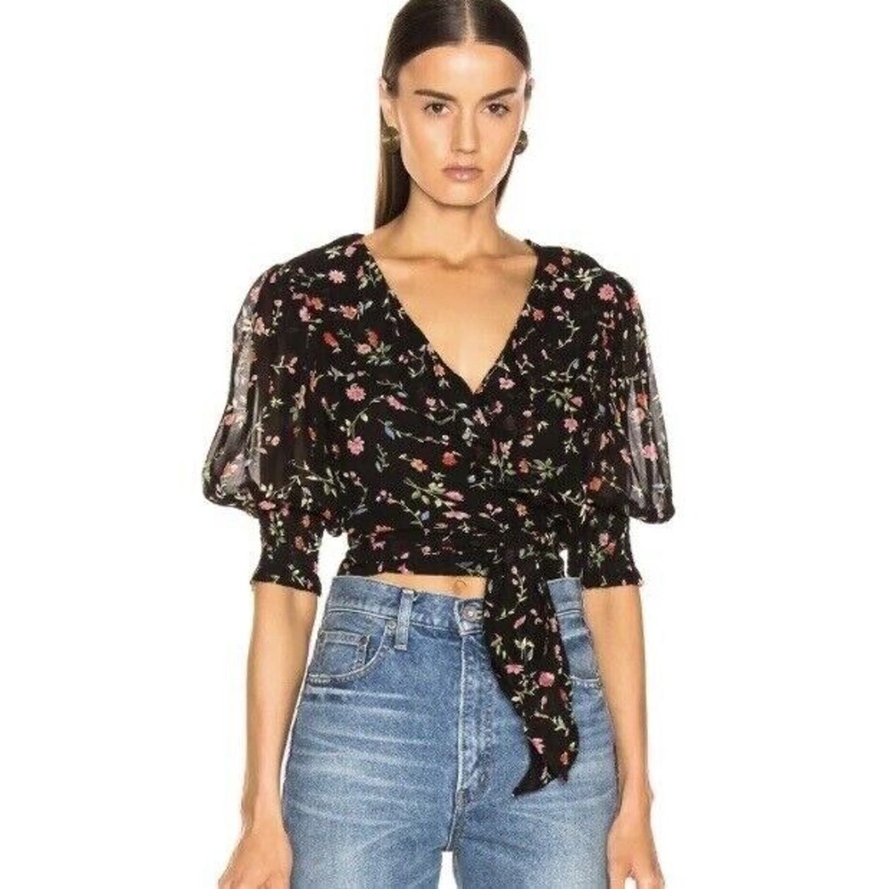 GANNI Elm Floral Wrap Blouse 8 36 Georgette Puff Sleeve Crossover Ruffle Front‎
